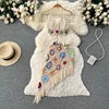 Two-Piece Knit Set Sexy Bikini Top and Fringe Beach Skirt Hand Crochet Hollow Out Knitted Sweater Set for Women