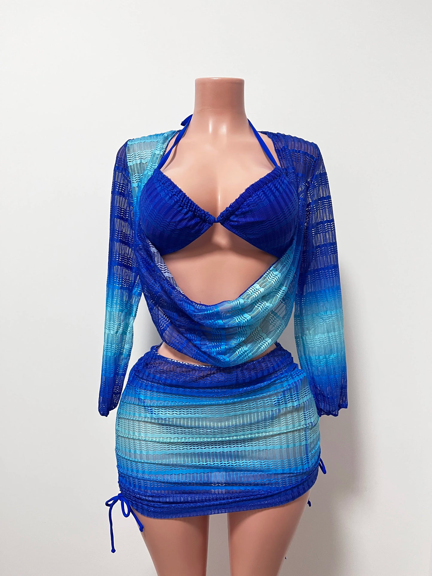 Women's Swimwear 2026 Tie-dye Print Gradient Color Chiffon Mesh Long-sleeve Beach Dress Sexy Bikini 4 Piece Set
