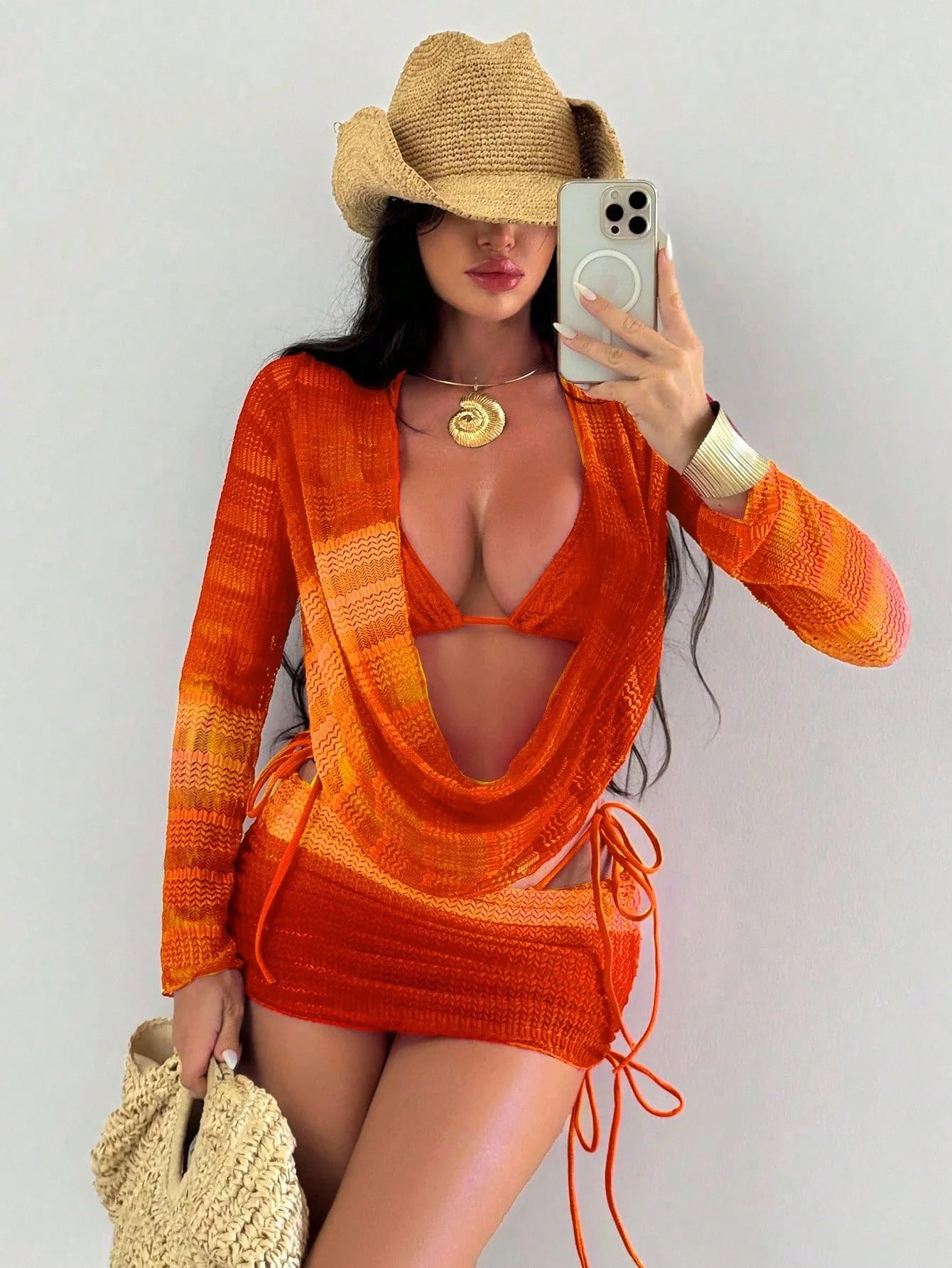 Women's Swimwear 2026 Tie-dye Print Gradient Color Chiffon Mesh Long-sleeve Beach Dress Sexy Bikini 4 Piece Set