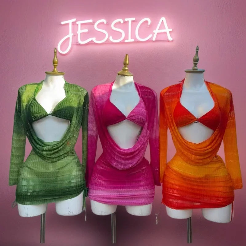 Women's Swimwear 2026 Tie-dye Print Gradient Color Chiffon Mesh Long-sleeve Beach Dress Sexy Bikini 4 Piece Set