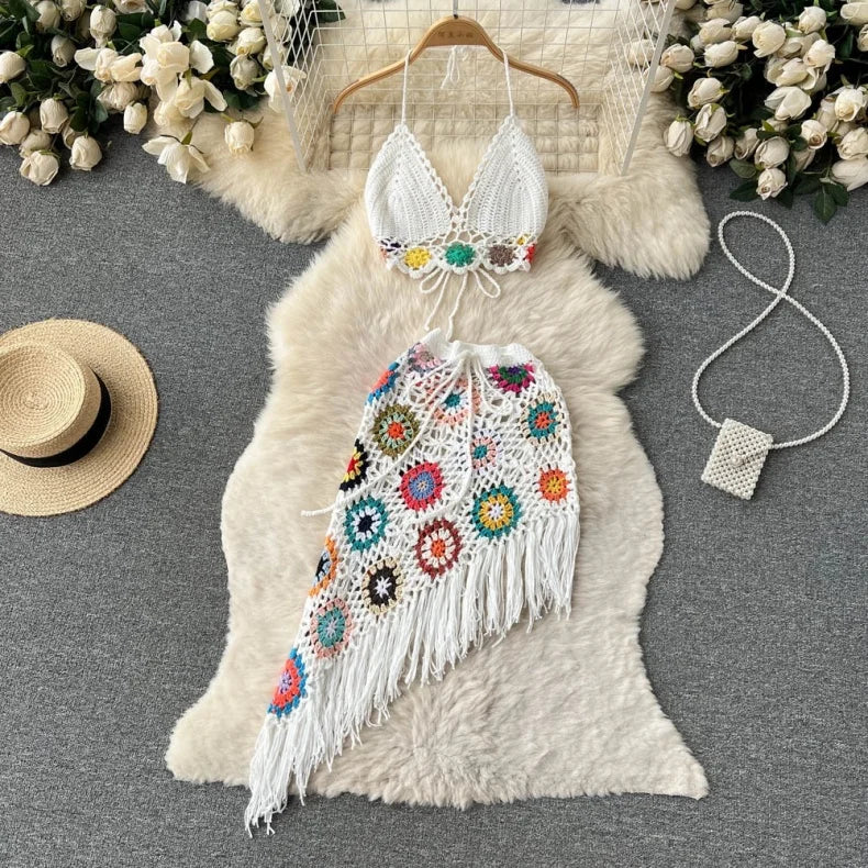 Two-Piece Knit Set Sexy Bikini Top and Fringe Beach Skirt Hand Crochet Hollow Out Knitted Sweater Set for Women