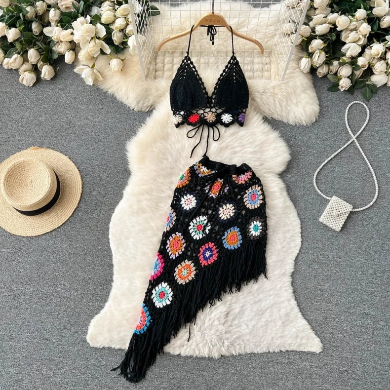 Two-Piece Knit Set Sexy Bikini Top and Fringe Beach Skirt Hand Crochet Hollow Out Knitted Sweater Set for Women