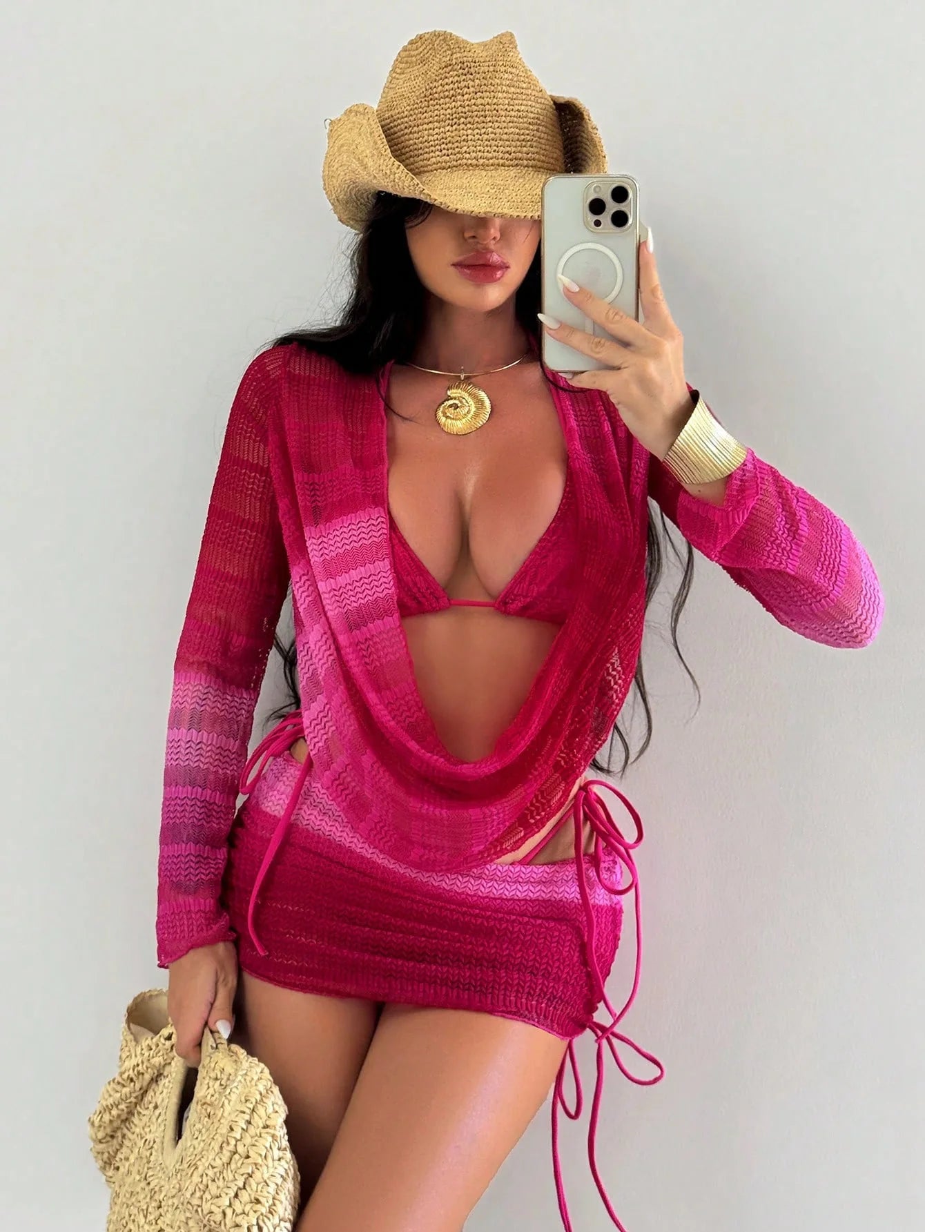Women's Swimwear 2026 Tie-dye Print Gradient Color Chiffon Mesh Long-sleeve Beach Dress Sexy Bikini 4 Piece Set