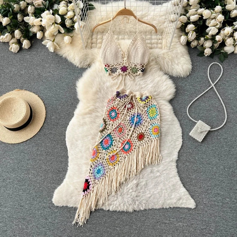 Two-Piece Knit Set Sexy Bikini Top and Fringe Beach Skirt Hand Crochet Hollow Out Knitted Sweater Set for Women