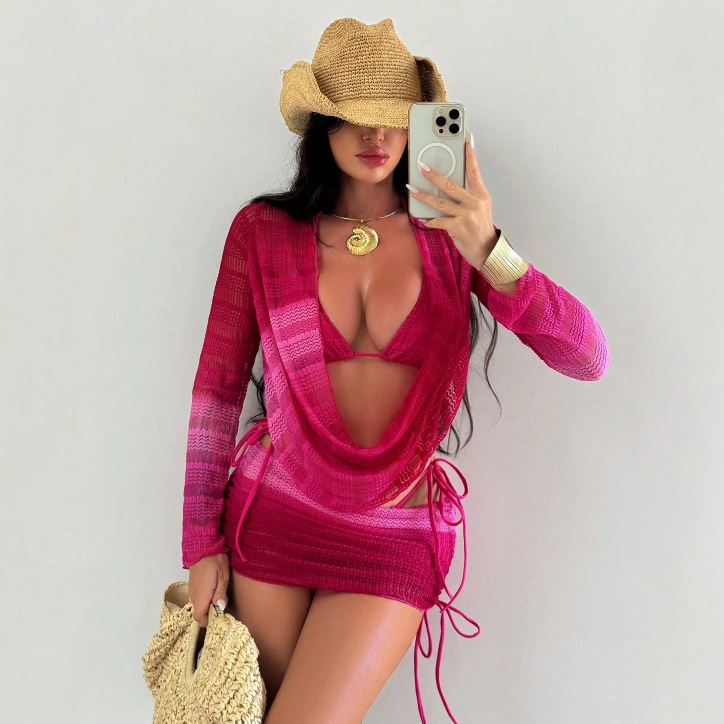 Women's Swimwear 2026 Tie-dye Print Gradient Color Chiffon Mesh Long-sleeve Beach Dress Sexy Bikini 4 Piece Set