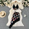 Two-Piece Knit Set Sexy Bikini Top and Fringe Beach Skirt Hand Crochet Hollow Out Knitted Sweater Set for Women
