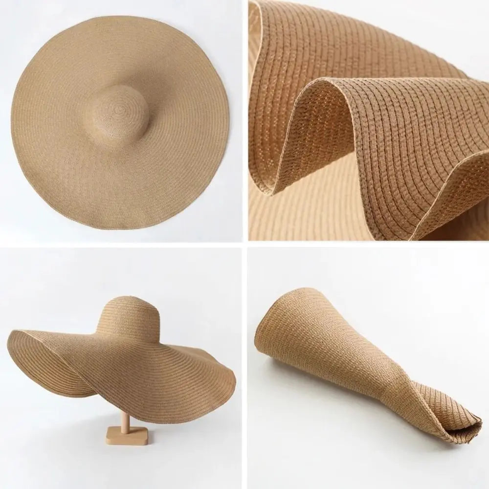 High Quality Foldable Large Wide Brim Sun Hats Straw 70cm Travel Straw Hat UV Protection Oversized Beach Hat