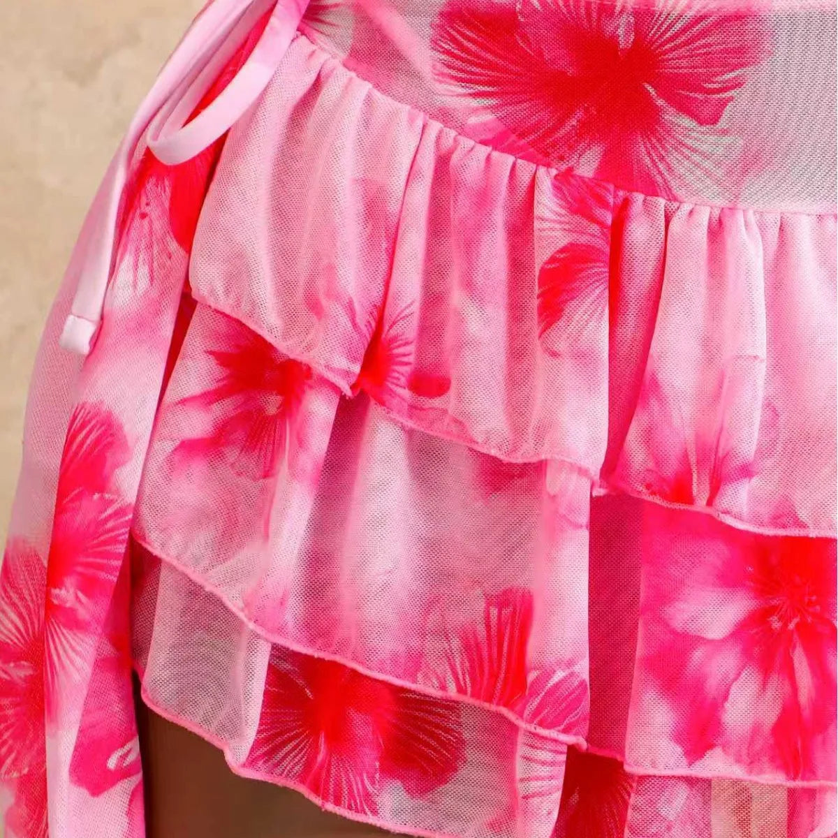 Women 3 Piece Hibiscus Print Bikini Set with Mesh Ruffle Skirt Halter Triangle Top Beachwear Backless Swimwears Bathing Suits