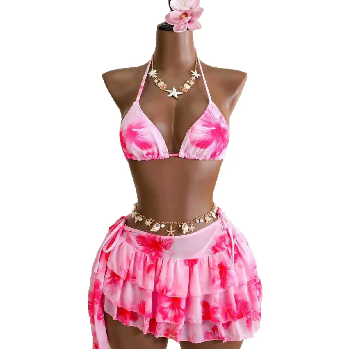 Women 3 Piece Hibiscus Print Bikini Set with Mesh Ruffle Skirt Halter Triangle Top Beachwear Backless Swimwears Bathing Suits