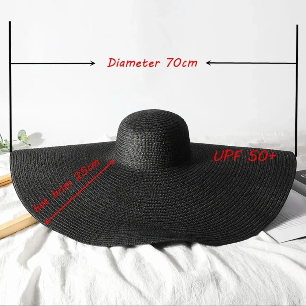 High Quality Foldable Large Wide Brim Sun Hats Straw 70cm Travel Straw Hat UV Protection Oversized Beach Hat