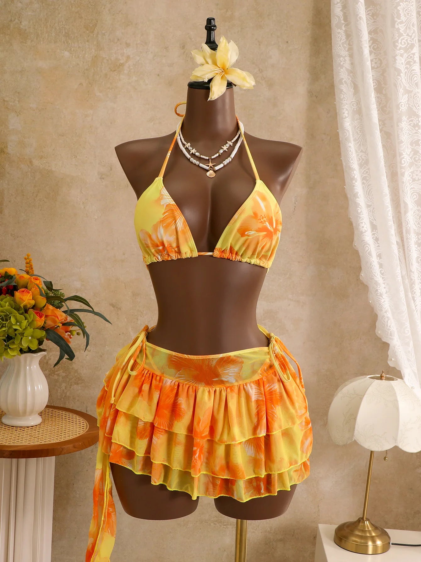 Women 3 Piece Hibiscus Print Bikini Set with Mesh Ruffle Skirt Halter Triangle Top Beachwear Backless Swimwears Bathing Suits