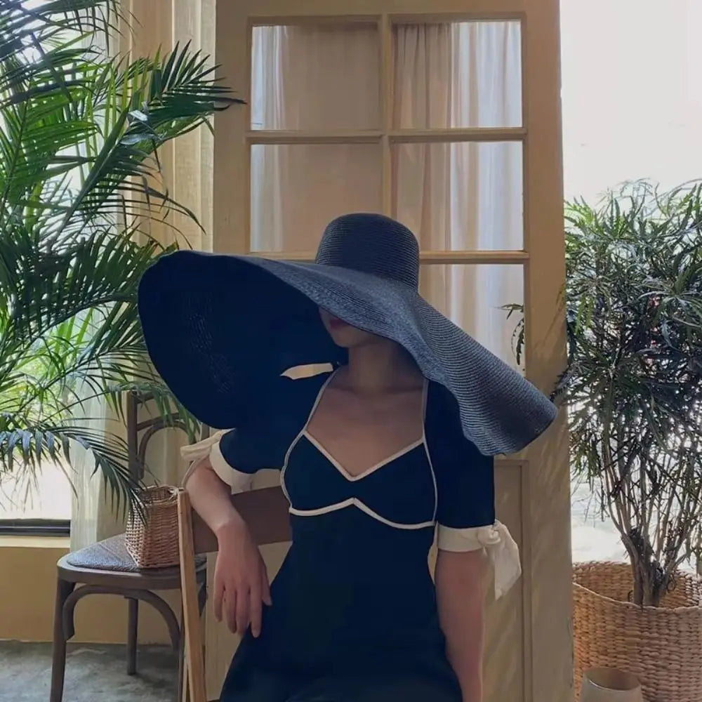 High Quality Foldable Large Wide Brim Sun Hats Straw 70cm Travel Straw Hat UV Protection Oversized Beach Hat