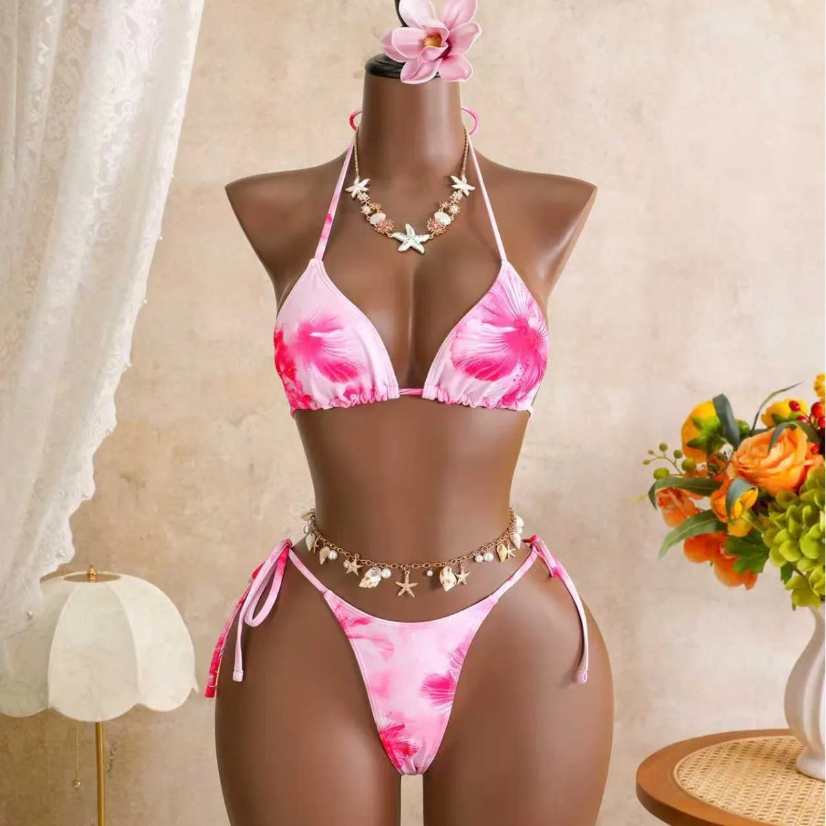 Women 3 Piece Hibiscus Print Bikini Set with Mesh Ruffle Skirt Halter Triangle Top Beachwear Backless Swimwears Bathing Suits