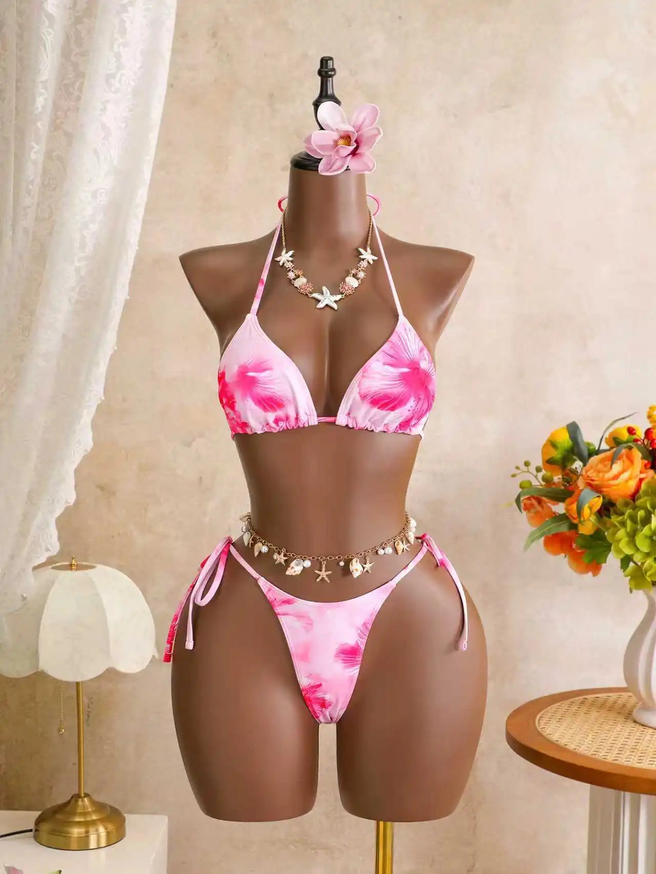 Women 3 Piece Hibiscus Print Bikini Set with Mesh Ruffle Skirt Halter Triangle Top Beachwear Backless Swimwears Bathing Suits