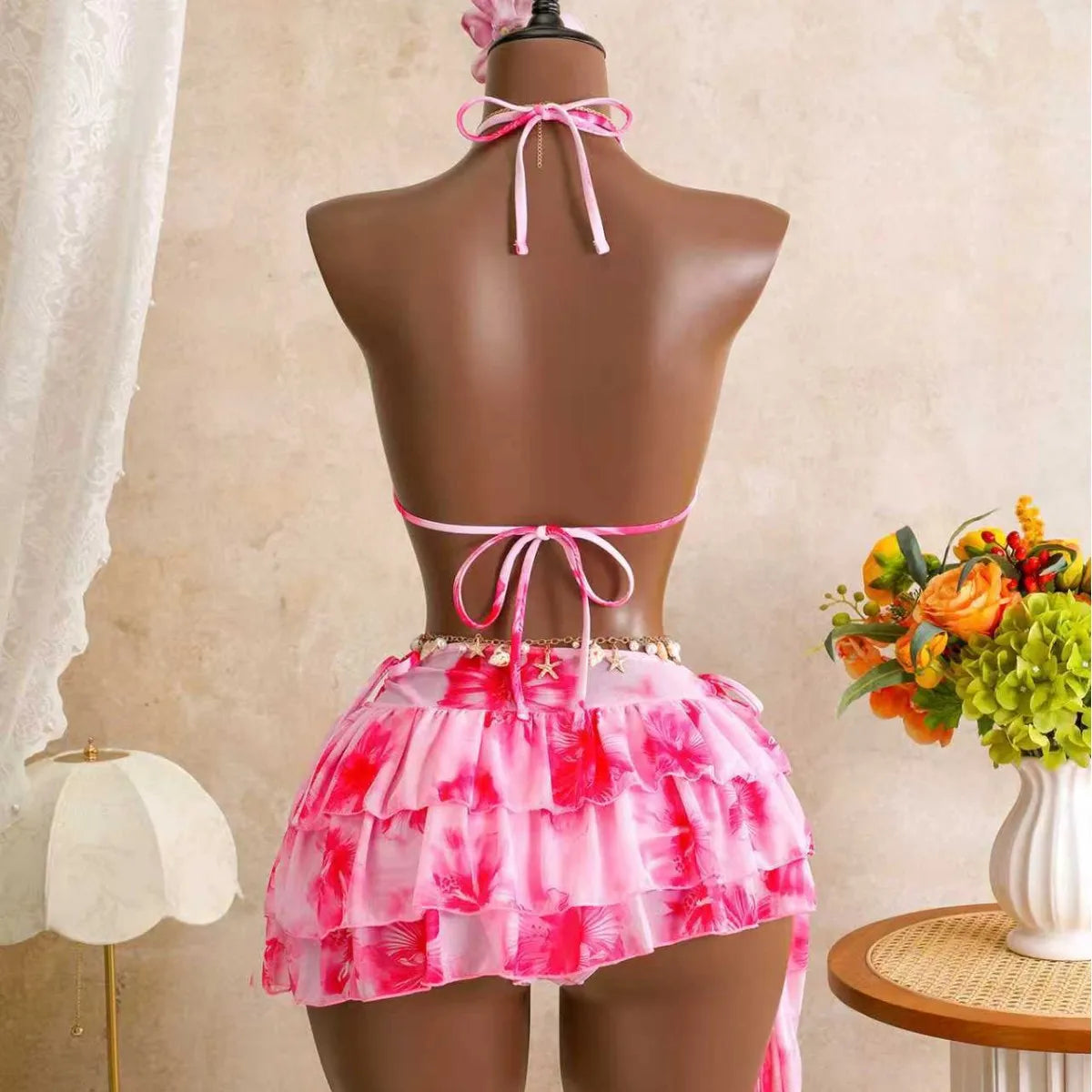 Women 3 Piece Hibiscus Print Bikini Set with Mesh Ruffle Skirt Halter Triangle Top Beachwear Backless Swimwears Bathing Suits