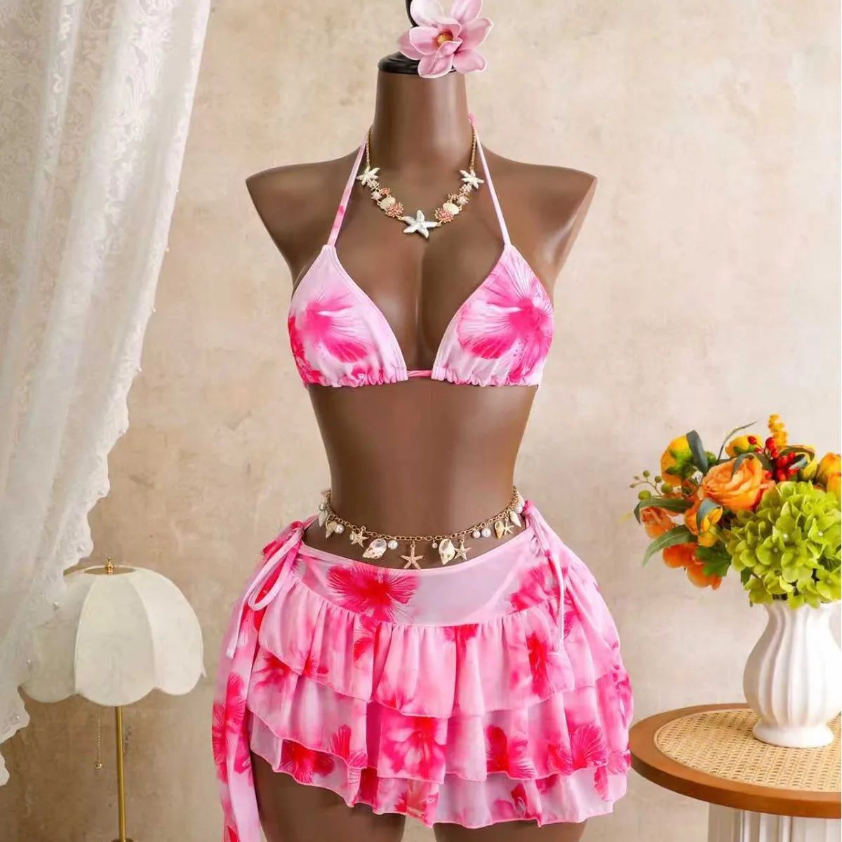 Women 3 Piece Hibiscus Print Bikini Set with Mesh Ruffle Skirt Halter Triangle Top Beachwear Backless Swimwears Bathing Suits