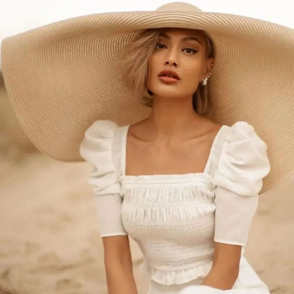High Quality Foldable Large Wide Brim Sun Hats Straw 70cm Travel Straw Hat UV Protection Oversized Beach Hat